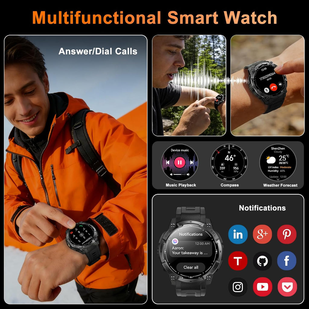 Reloj inteligente militar resistente para hombre con GPS, reloj AMOLED de seguimiento de fitness de 1.43 pulgadas con llamada Bluetooth, linterna/brújula, más de 170 modos deportivos, impermeable, reloj inteligente para hombre para Android iPhone
