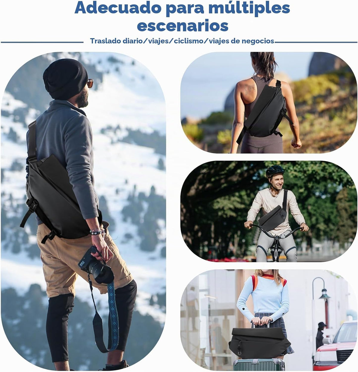 Bolso cruzado tipo bandolera para hombres y mujeres, mochila impermeable expandible con hebilla magnética para ciclismo, viajes, EDC (negro, mediano)