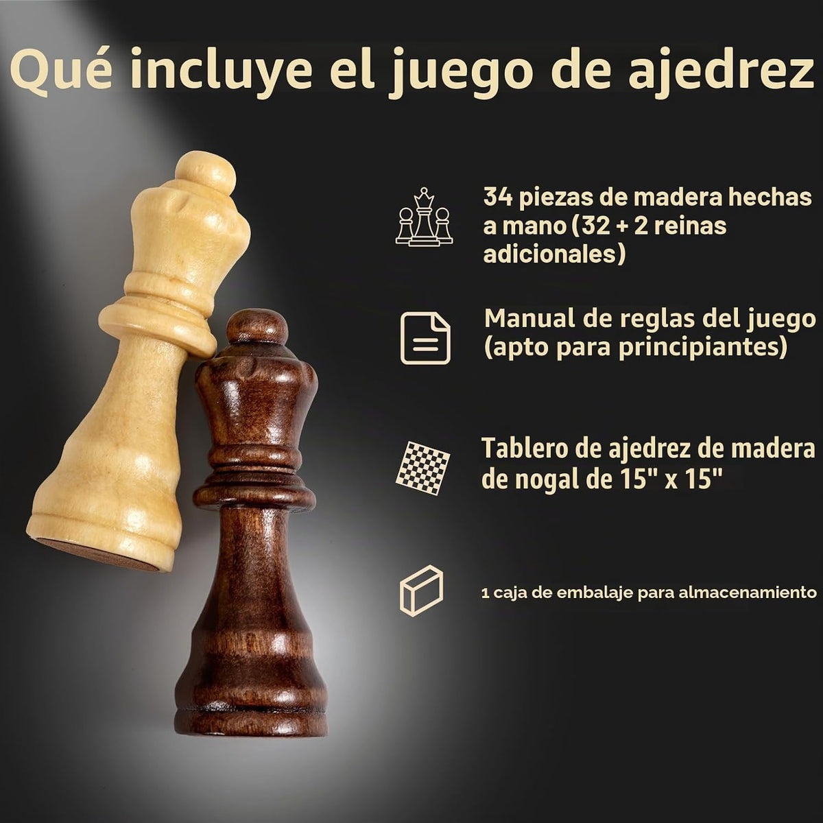 Chess Set Board Games para Adults: Handmade Walnut Wooden 15" 2 Extra Queens Folding Portable Travel Chess Game, Gift idea, Pieces Storage Slots,Instructions