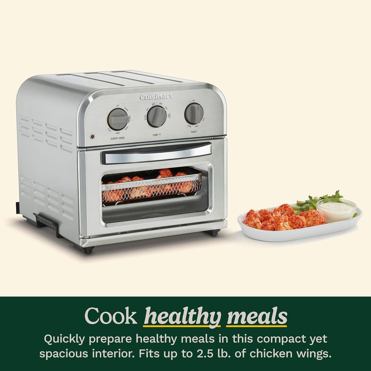 Cuisinart Horno Tostador Freidora de Aire Compacto, Freidora de Acero Inoxidable con Funciones 6-en-1, Temperatura Ajustable, Incluye Estante para Horno, Bandeja para Hornear y Cesta para Freidora de