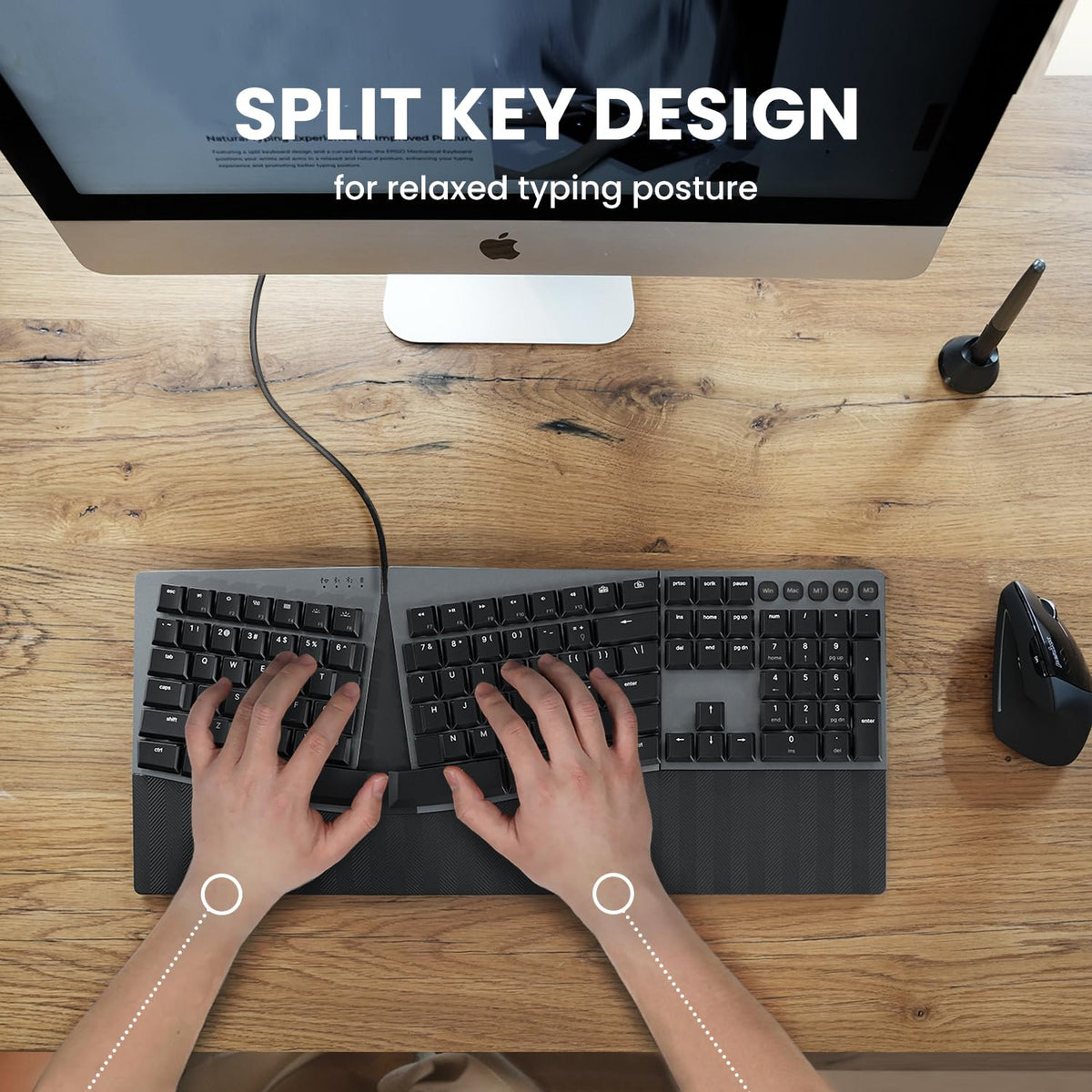 Perixx PERIBOARD-535BL [Firmware actualizado] Teclado mecánico ergonómico con cable, tamaño completo, interruptores azules de perfil bajo, compatible con Windows y macOS