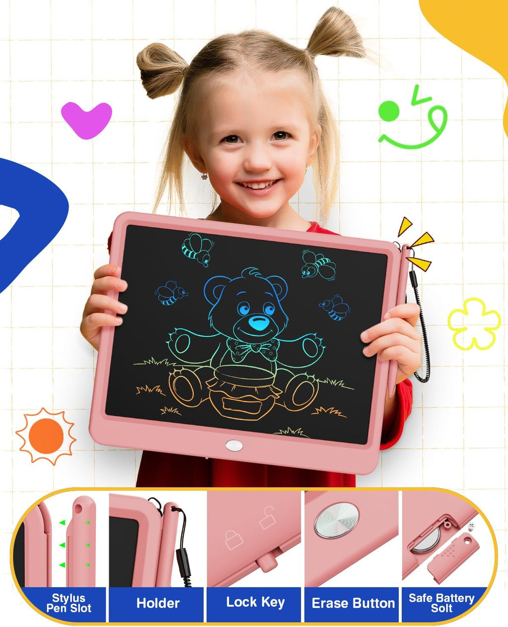 Tableta de Escritura LCD de 12 Pulgadas, Tableta de Dibujo Colorida para Garabatos, Almohadilla de Escritura Borrable y Reutilizable, Educativa para Niñas y Niños de 3-8 Años (Rosa)