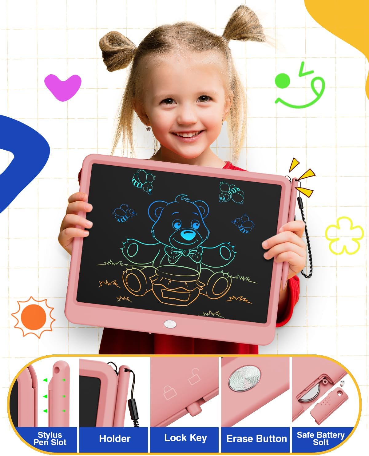 Tableta de Escritura LCD de 12 Pulgadas, Tableta de Dibujo Colorida para Garabatos, Almohadilla de Escritura Borrable y Reutilizable, Educativa para Niñas y Niños de 3-8 Años (Rosa)