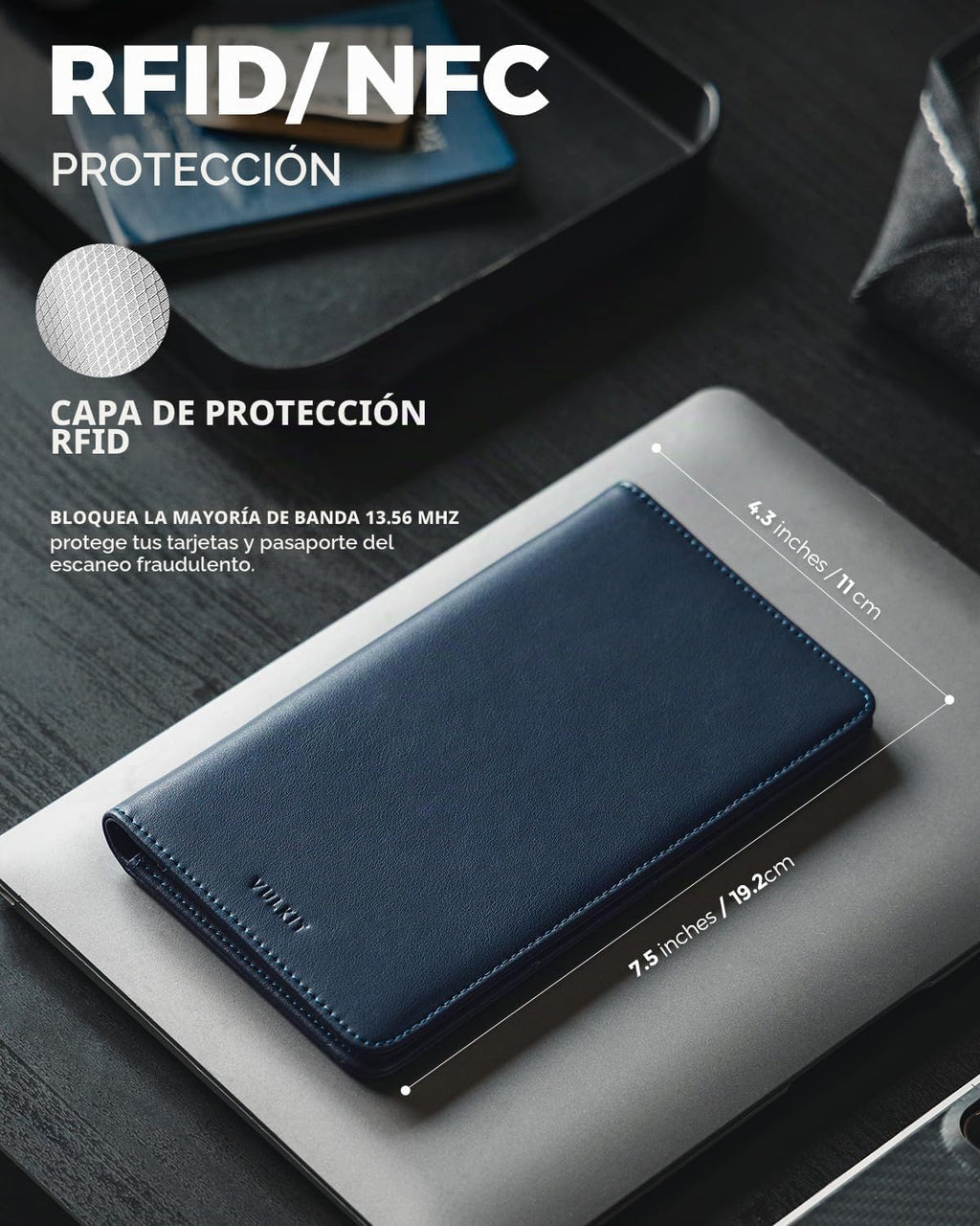 VULKIT Billetera para pasaporte, con bloqueo RFID, cartera de viaje para hombres y mujeres, Azul marino, Talla única, Cartera de viaje