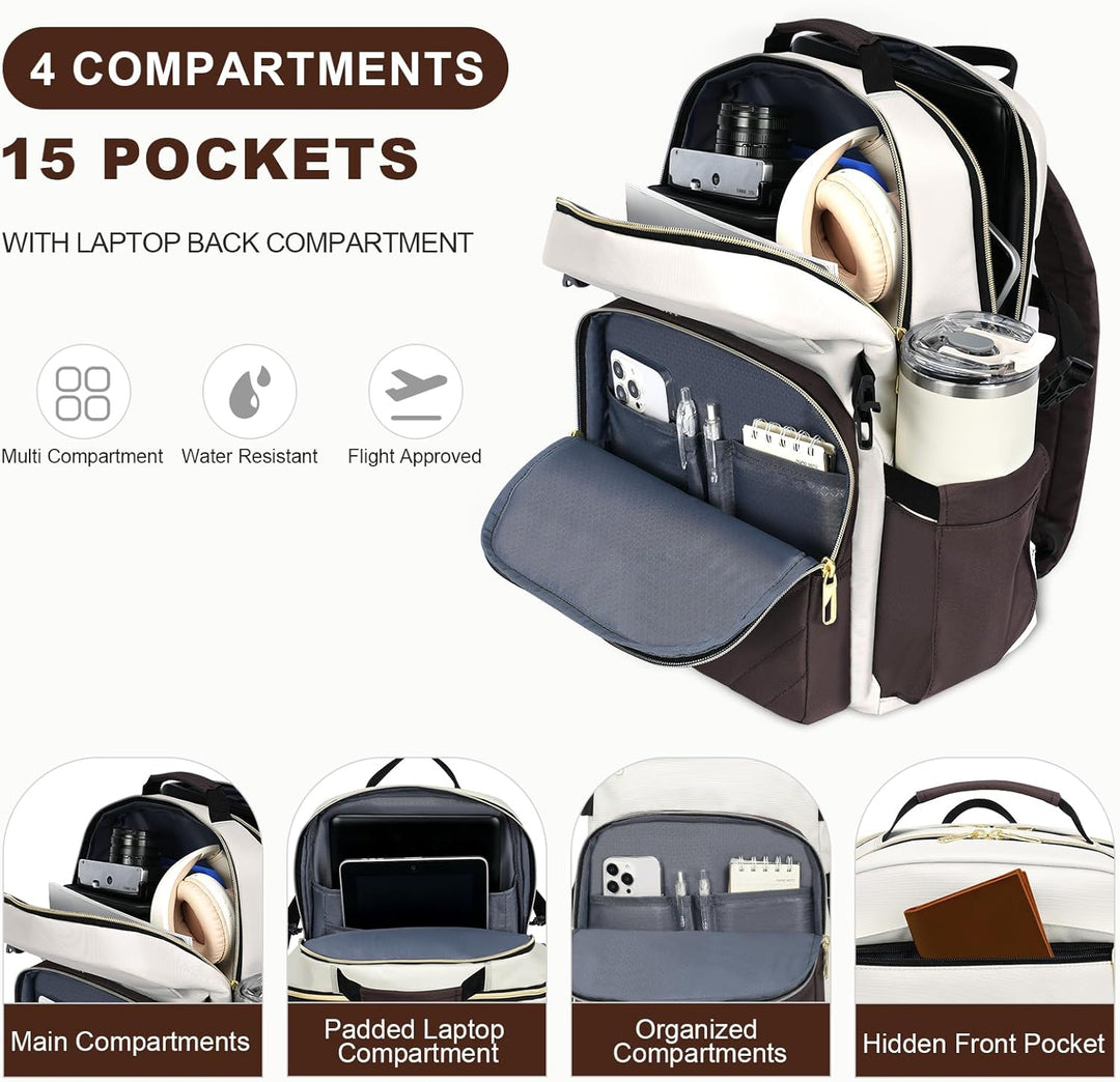 VANKEAN Mochila para laptop para mujer, Beige-café, 17,3 pulg., Moc...