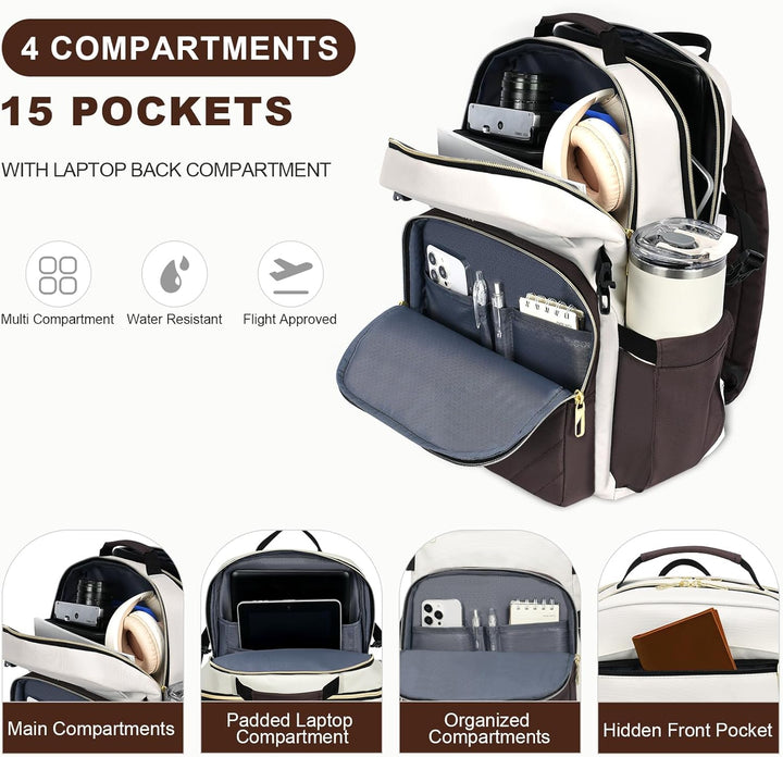 VANKEAN Mochila para laptop para mujer, Beige-café, 17,3 pulg., Moc...
