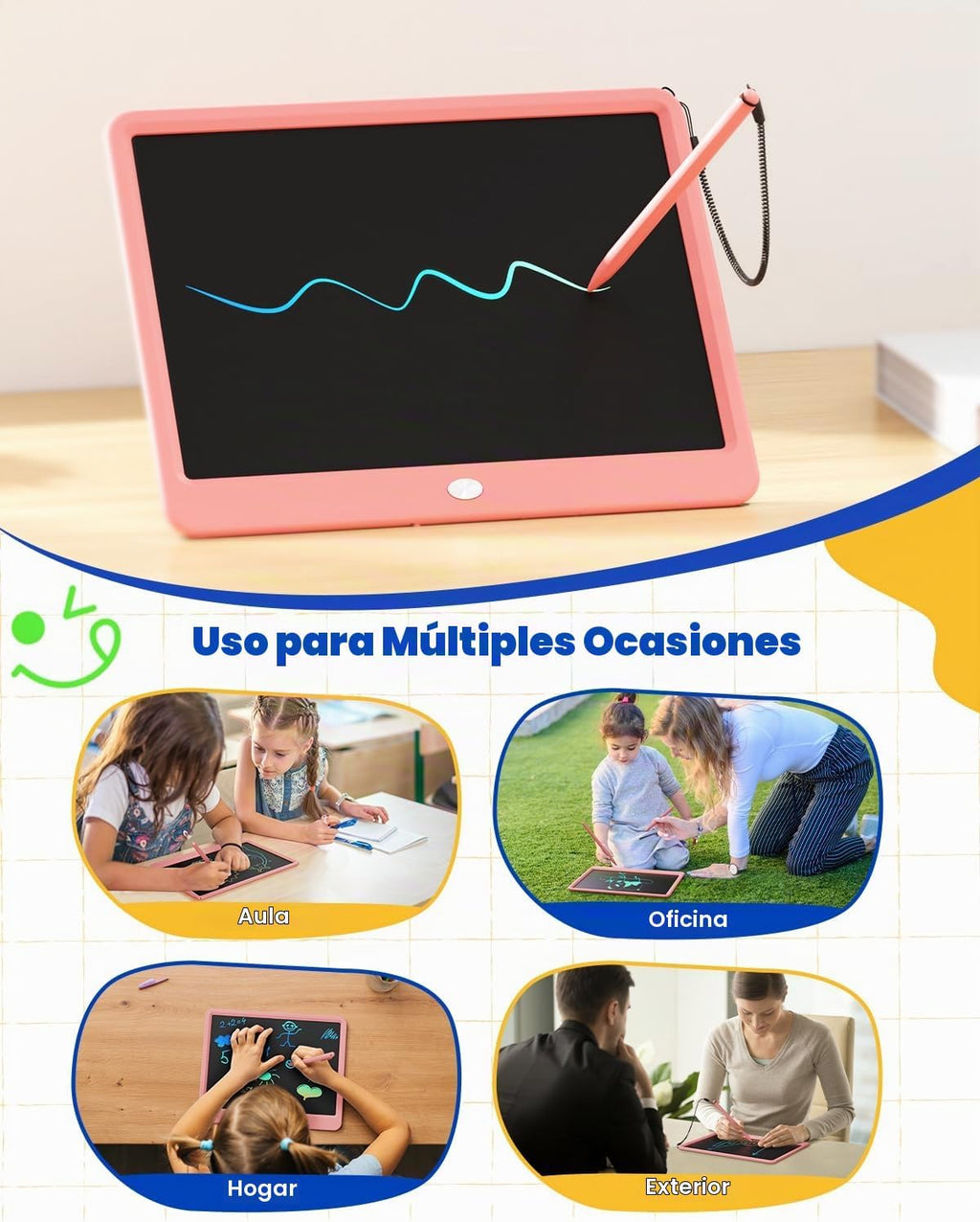 Tableta de Escritura LCD de 12 Pulgadas, Tableta de Dibujo Colorida para Garabatos, Almohadilla de Escritura Borrable y Reutilizable, Educativa para Niñas y Niños de 3-8 Años (Rosa)
