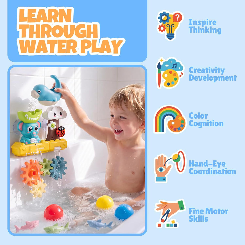 Juguetes de baño para niños pequeños, juego de juguetes de pista de cascada montado en la pared con elefante y ducha de árbol, tubo de pulverización de agua, engranajes giratorios, pista deslizante de