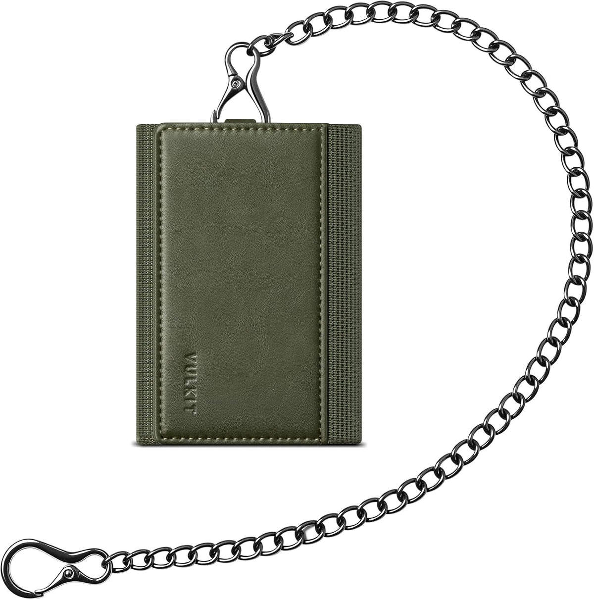 VULKIT Billetera para hombre con cadena antirrobo con bloqueo RFID, billetera triple plegable, diseño elegante, Verde militar, Cartera antirrobo