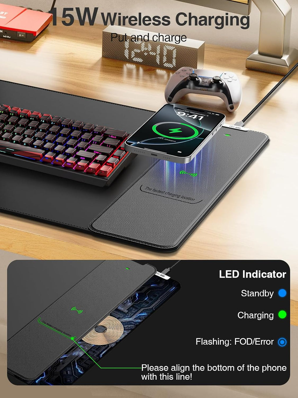 Alfombrilla de mouse 2 en 1 con carga inalámbrica para teléfono, 31.5 x 15.8 pulgadas, grande, superficie lisa impermeable, base antideslizante, sin adaptador