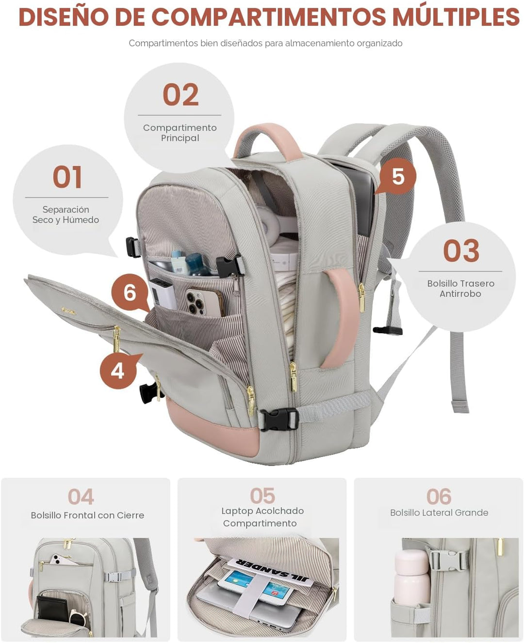 LOVEVOOK Mochila de viaje para mujeres y hombres, Rosa-gris, Mochil...
