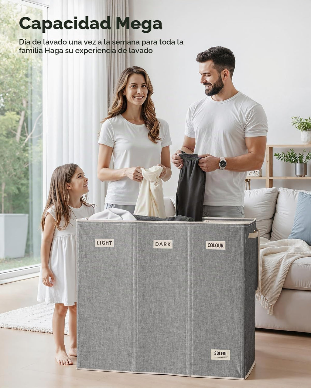 SOLEDI Cesta de lavandería de 3 secciones de 200 litros con tapa, cesta de ropa sucia extragrande con asas resistentes para lavandería y dormitorio, organizador duradero para clasificar la ropa sucia