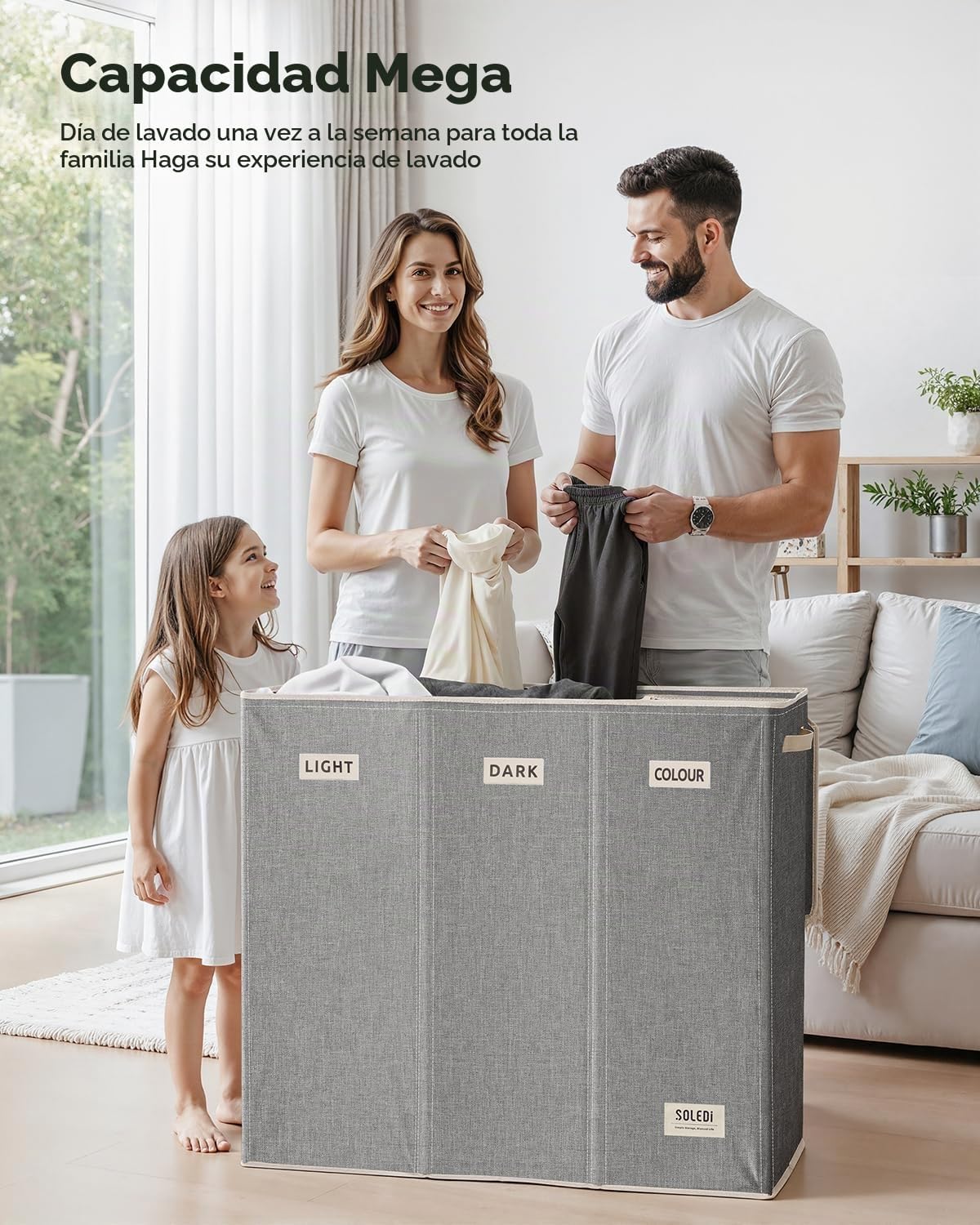 SOLEDI Cesta de lavandería de 3 secciones de 200 litros con tapa, cesta de ropa sucia extragrande con asas resistentes para lavandería y dormitorio, organizador duradero para clasificar la ropa sucia