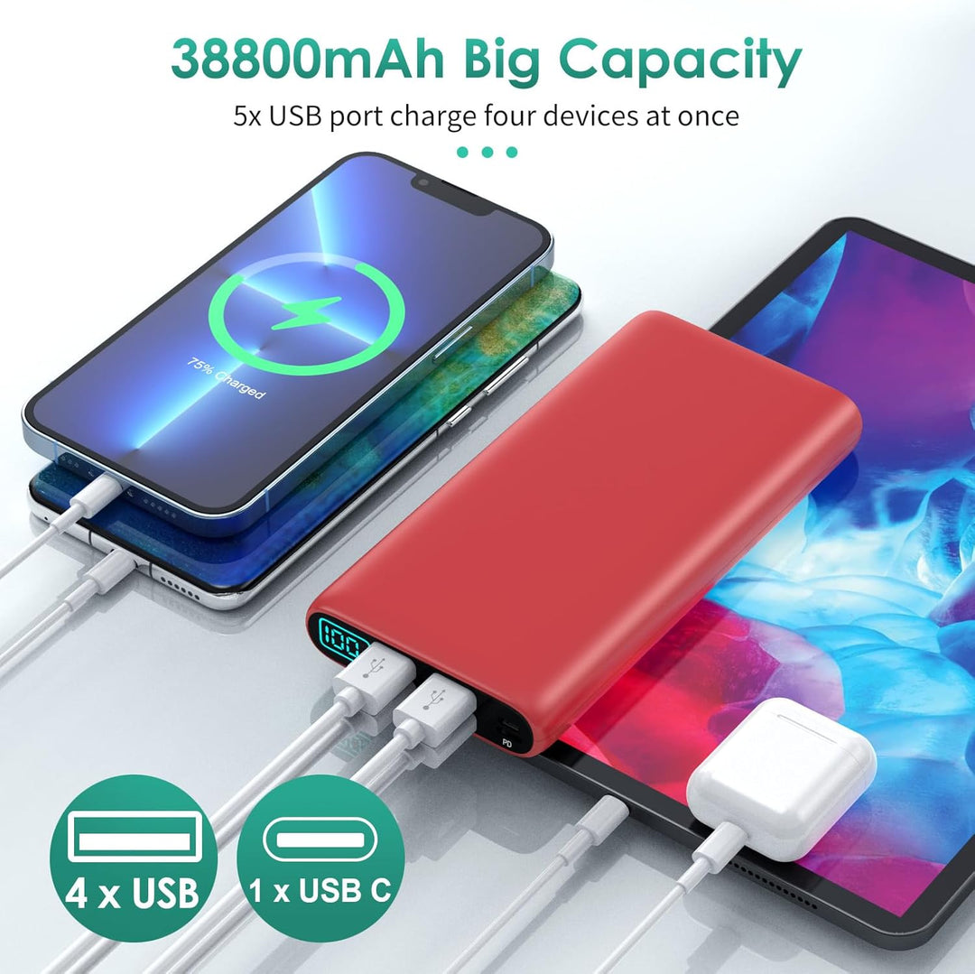 Cargador portátil de 38800 mAh con 5 salidas y 2 entradas, PD USB C...