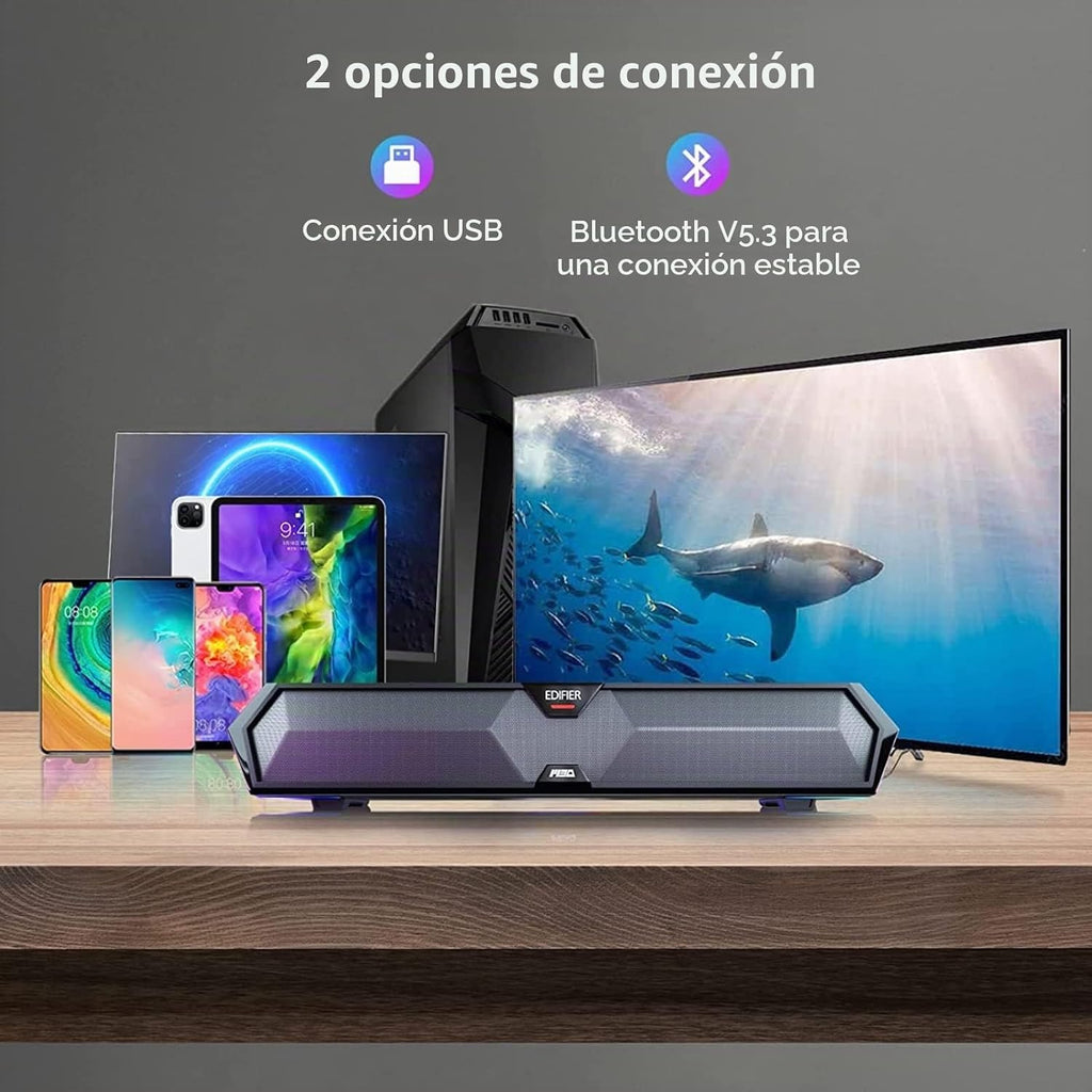 Edifier Barra de sonido de computadora MG300: altavoces fuertes con graves profundos - Interruptor RGB Micrófono incorporado para altavoces de juegos Bluetooth inalámbrico 5.3 y adaptador USB Barra de