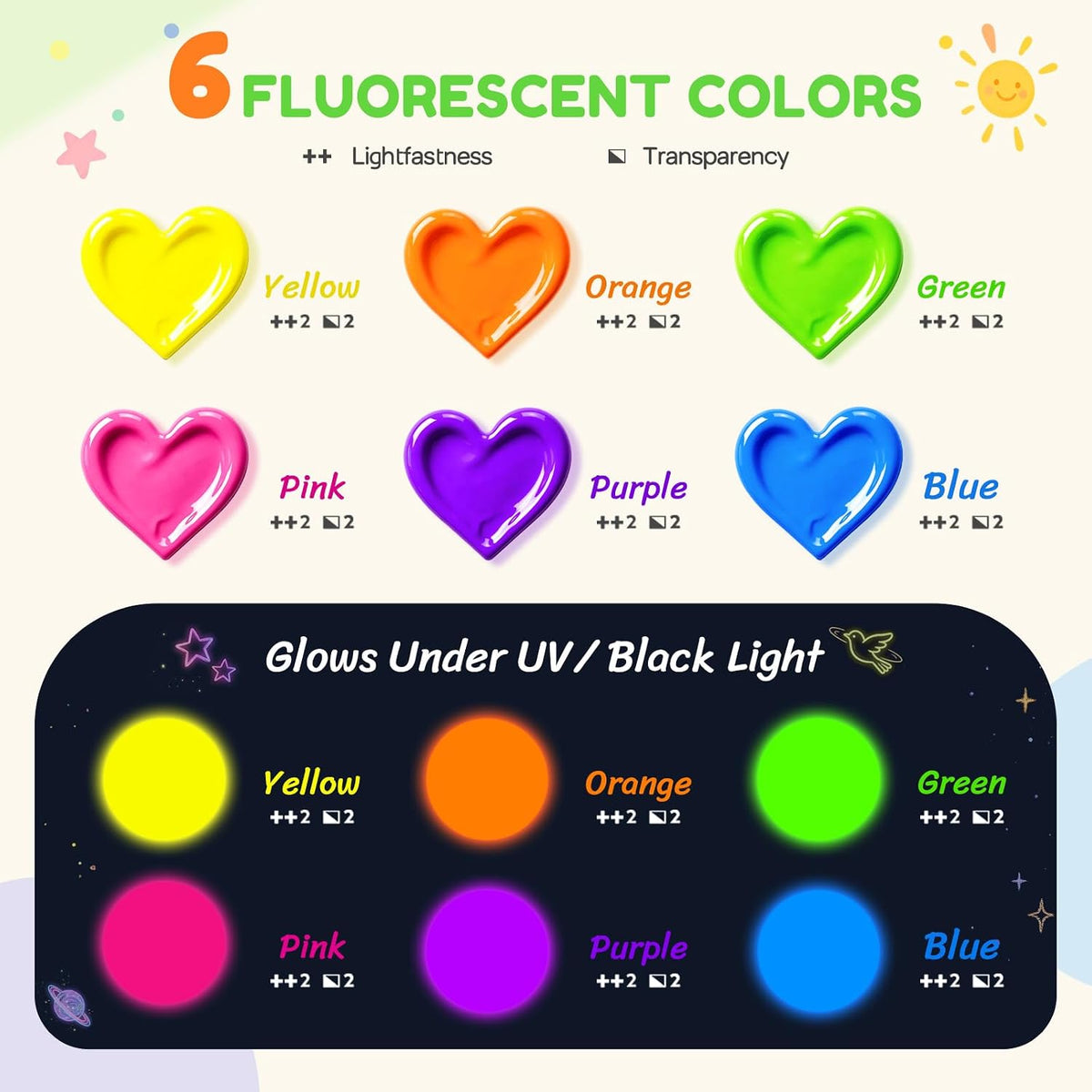 Juego de pintura lavable de neón grande para niños, 6 colores