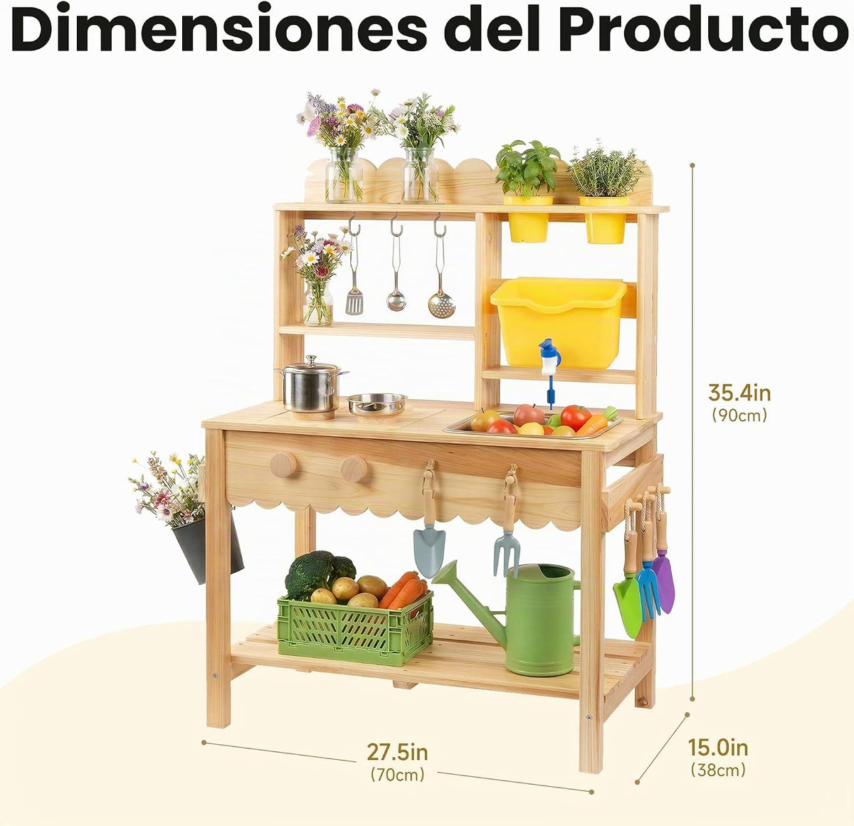 Cocina de barro de madera para niños con grifo de trabajo y fregadero