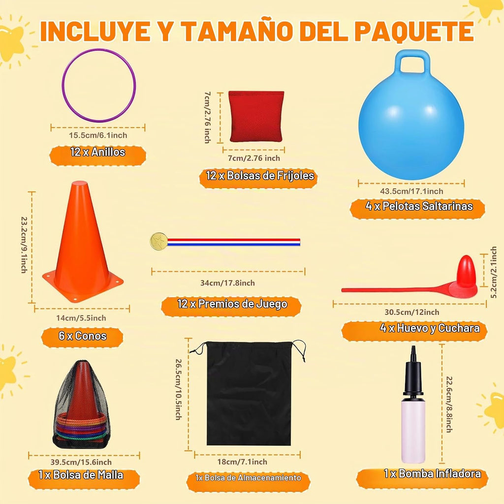 Juego de 53 juegos de carnaval al aire libre para niños, pelotas de tolva, lanzamiento de anillo, bolsas de frijoles, carrera de relevo de cuchara de huevo, patio trasero, patio, campo, fiesta, cumpleaños, reunión familiar