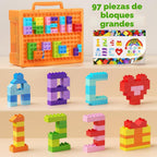 Juego de bloques de construcción de 97 piezas con caja de almacenamiento y placa base, juguetes educativos STEM para niños a partir de 3 años, compatible con bloques de construcción de partículas