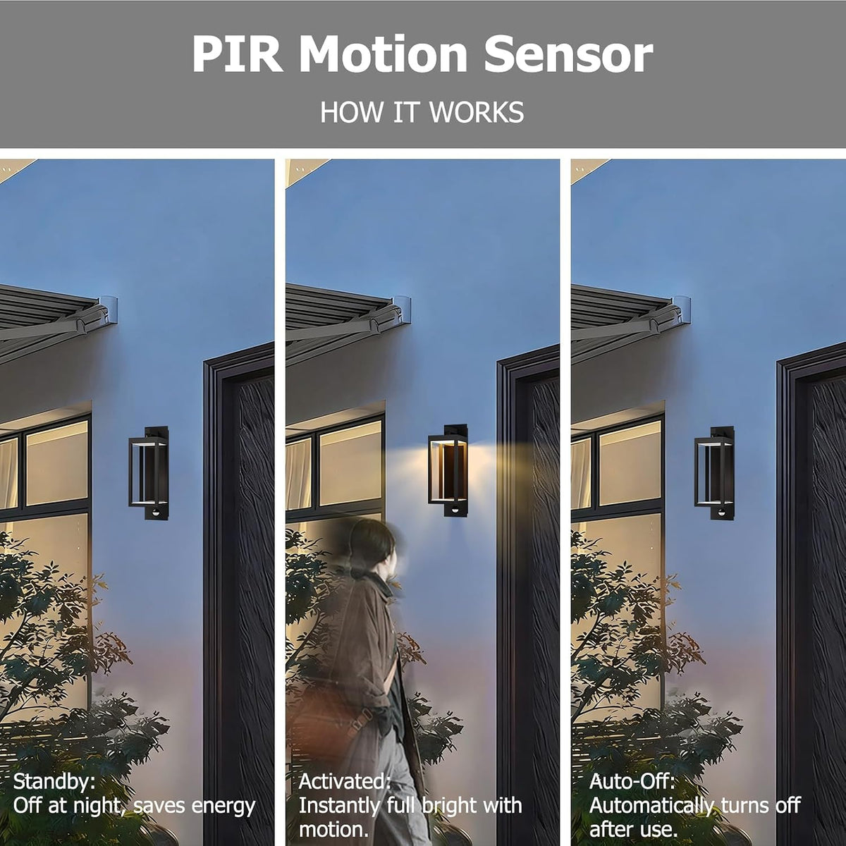 Lámpara Lámpara de pared para exteriores, con sensor de movimiento, luz de porche para casa, lámpara LED moderna de 15 pulgadas, color negro, linterna exterior impermeable con vidrio transparente para garaje, patio, jardín