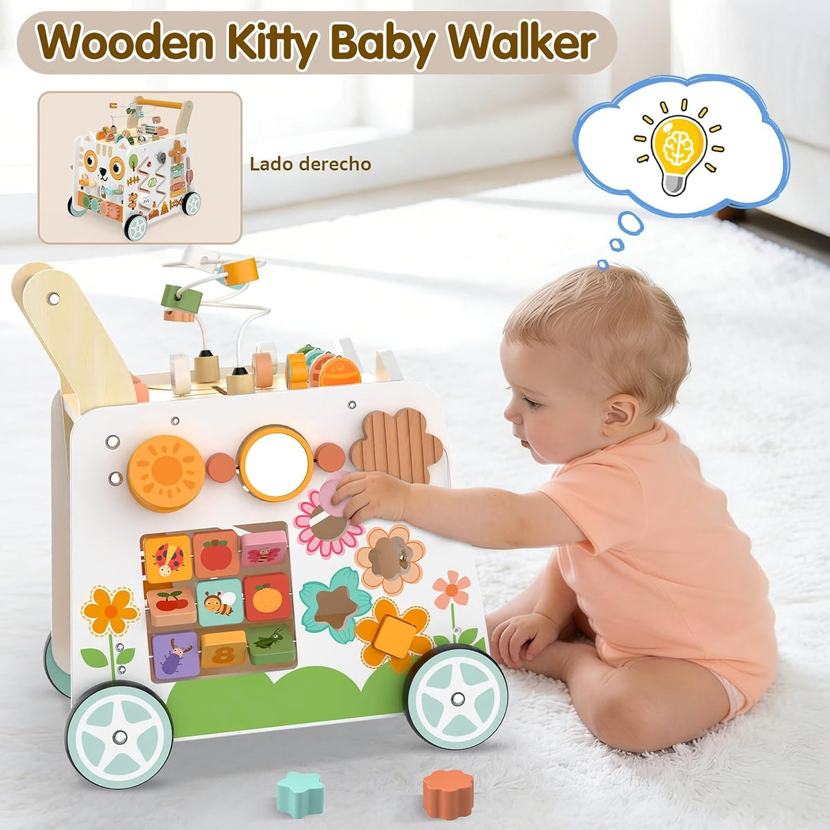 Andador de madera para bebés Weilim con centro de actividades, juguete Montessori 12M+
