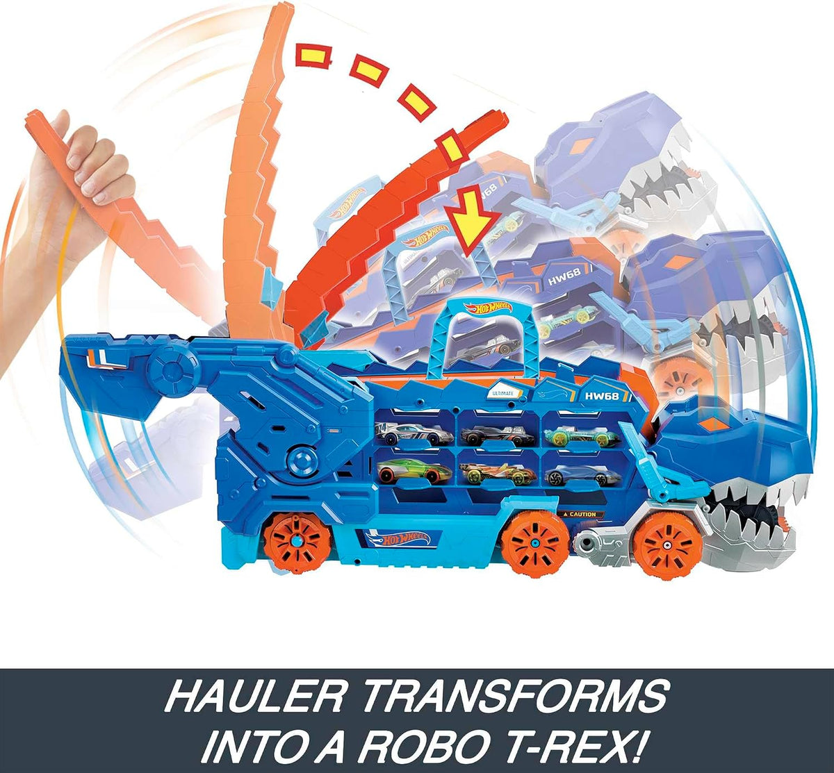 Hot Wheels City Ultimate Transportador T-Rex y 2 Autos de Moda a Escala
