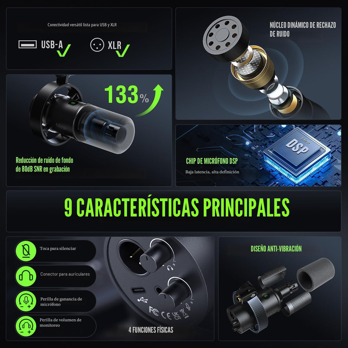 FIFINE Micrófono Dinámico, XLR\/USB Micrófono de PC para Grabación...