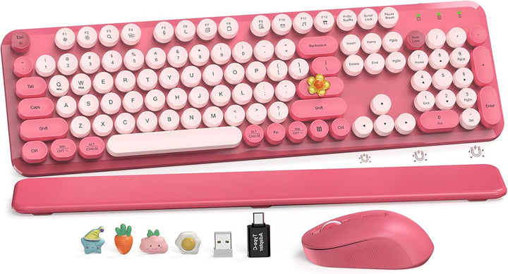 Combo de teclado y mouse inalámbricos, bonito teclado retro de tama...