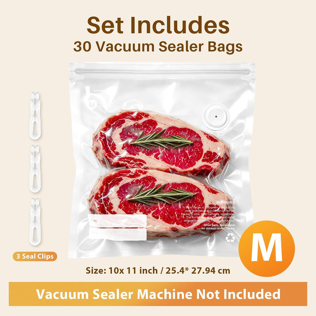 Bolsas reutilizables selladoras al vacío para alimentos – 30 sin BPA medianas (10 × 11 pulgadas) con bolsas de almacenamiento de alimentos, aptas para microondas y congelador, resistentes a olores, a
