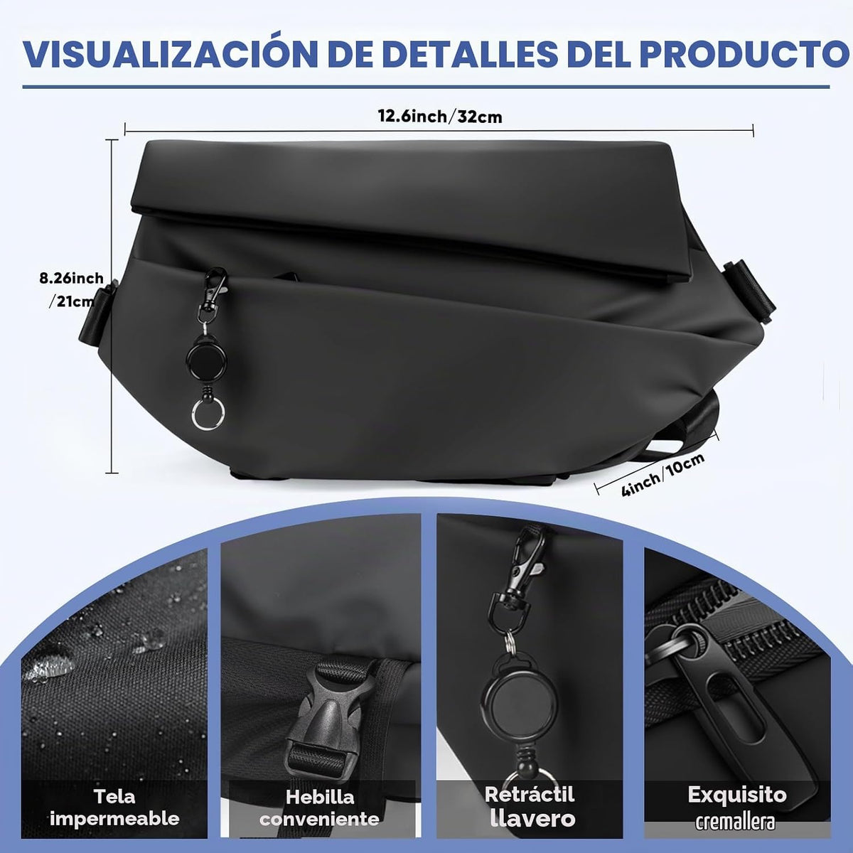 Bolso cruzado tipo bandolera para hombres y mujeres, mochila impermeable expandible con hebilla magnética para ciclismo, viajes, EDC (negro, mediano)