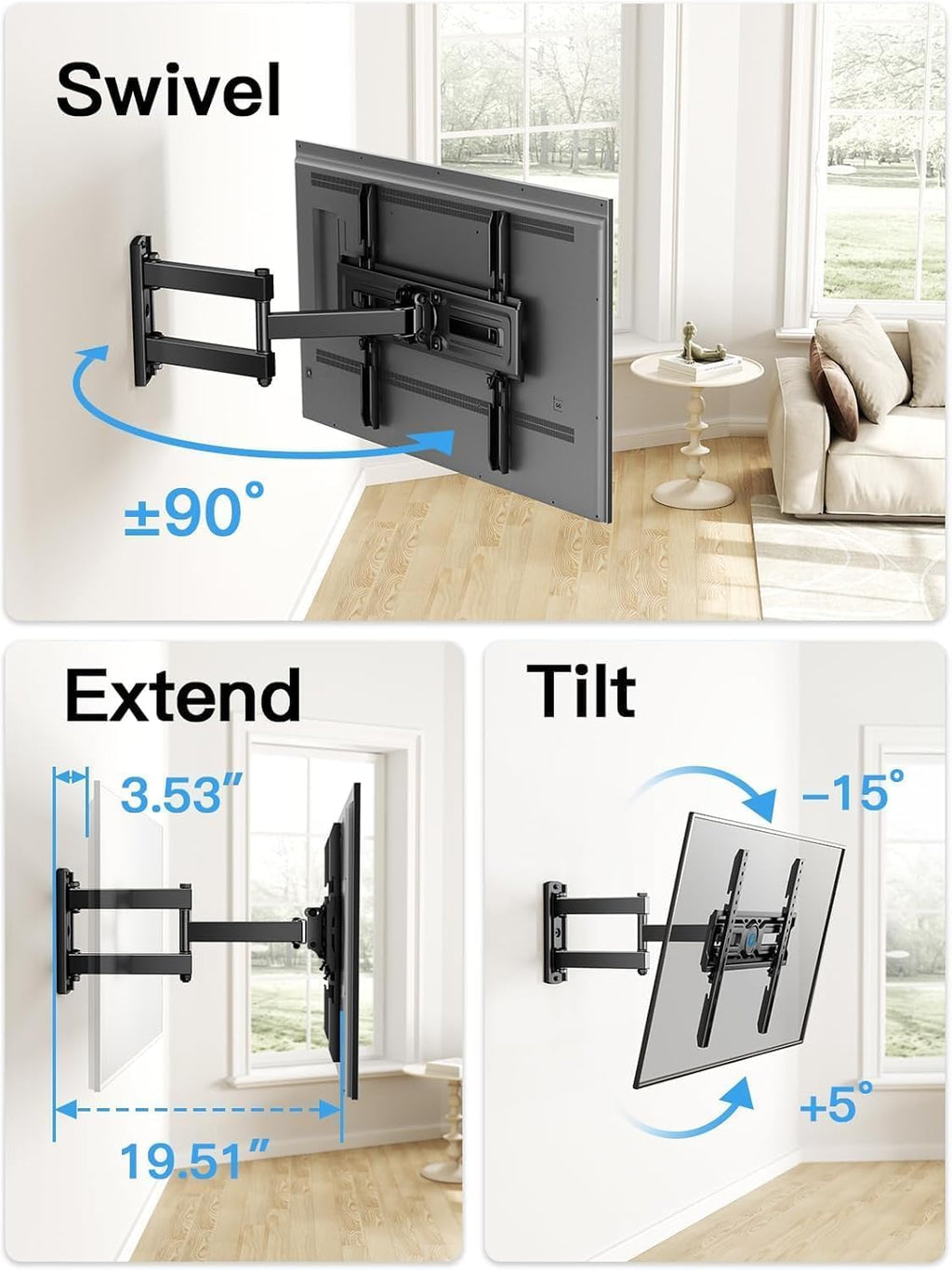 Pipishell Soporte de pared para TV de movimiento completo para la mayoría de televisores planos y curvos de 26 a 60 pulgadas de hasta 77 libras, altura de soporte ajustable, brazo articulado único,