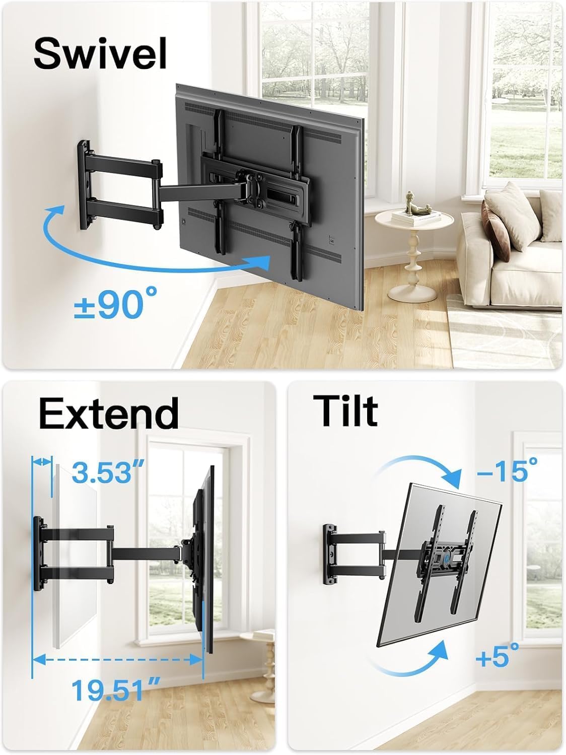 Pipishell Soporte de pared para TV de movimiento completo para la mayoría de televisores planos y curvos de 26 a 60 pulgadas de hasta 77 libras, altura de soporte ajustable, brazo articulado único,