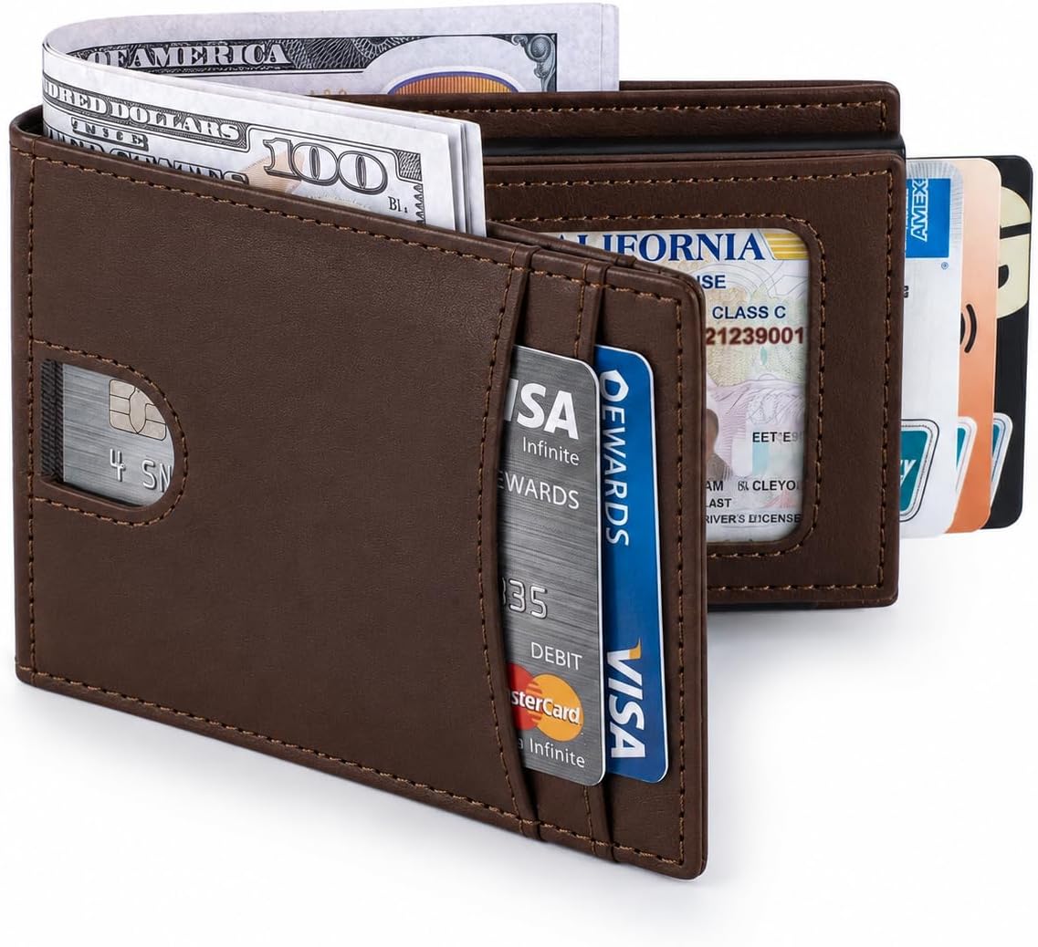 Cartera desplegable para hombre, cartera de piel con bloqueo RFID y tarjetero de aluminio, Marrón, Classic