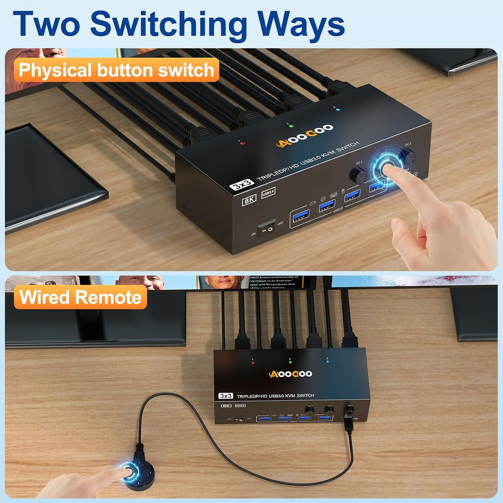 Conmutador KVM HDMI DP 3 monitores 3 computadoras, 8K @60Hz/4K @144Hz Conmutadores KVM de triple monitor para 3 PC compartiendo 3 monitores, teclado y ratón, con cables USB, controlador y adaptador de