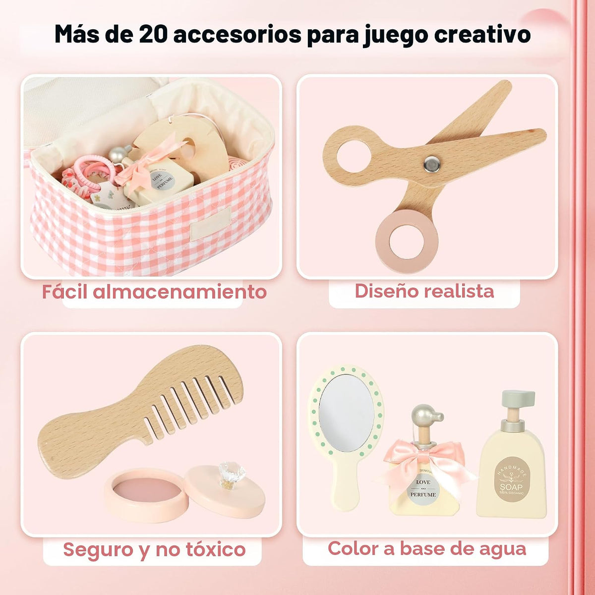Juego de Maquillaje de Madera para Niños, Juego de Maquillaje de Simulación para Niños Pequeños, Kit de Maquillaje de Belleza para Niñas de 3, 4, 5, 6, 7 Años