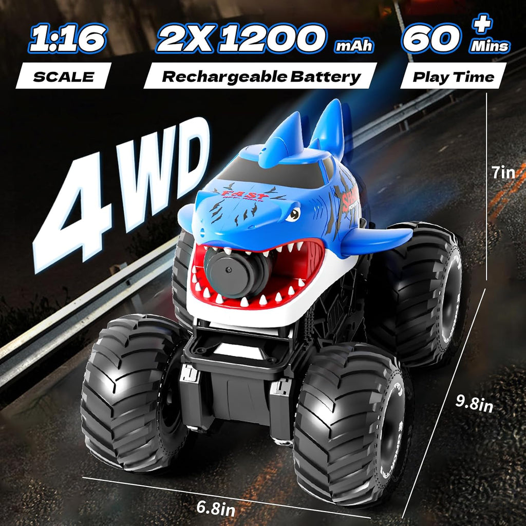 Camión monstruo de tiburón anfibio de control remoto con detección de gestos y chorro de agua, 4WD, 1:16, vehículo RC todo terreno, impermeable, tanque RC para piscina, juguete al aire libre, regalos