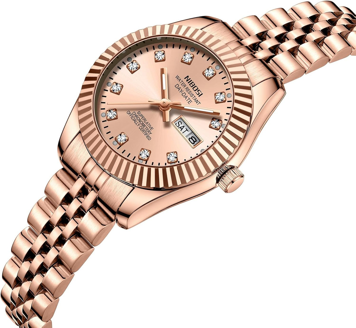 NIBOSI Relojes para mujeres, reloj analógico de cuarzo, esfera de acero inoxidable con día y fecha, luminoso, impermeable, elegante, clásico, de diamante, lujoso, para muñecas pequeñas
