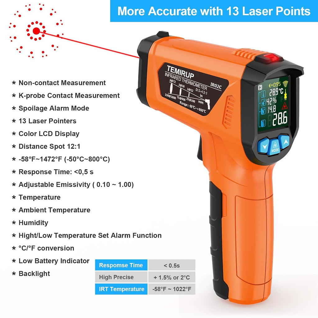 Pistola de termómetro infrarrojo, termómetro láser digital sin contacto, pistola de temperatura con LCD a color para cocinar, HVAC, reparaciones domésticas, medición de humedad
