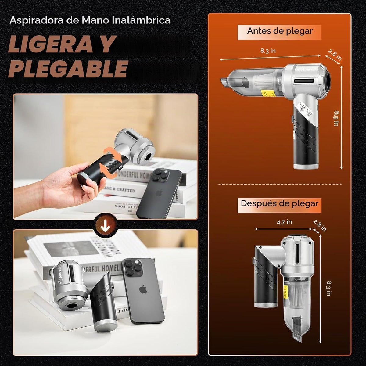 Saker HL133 - Aspiradora portátil inalámbrica para coche, 17000 PA, plegable, color negro
