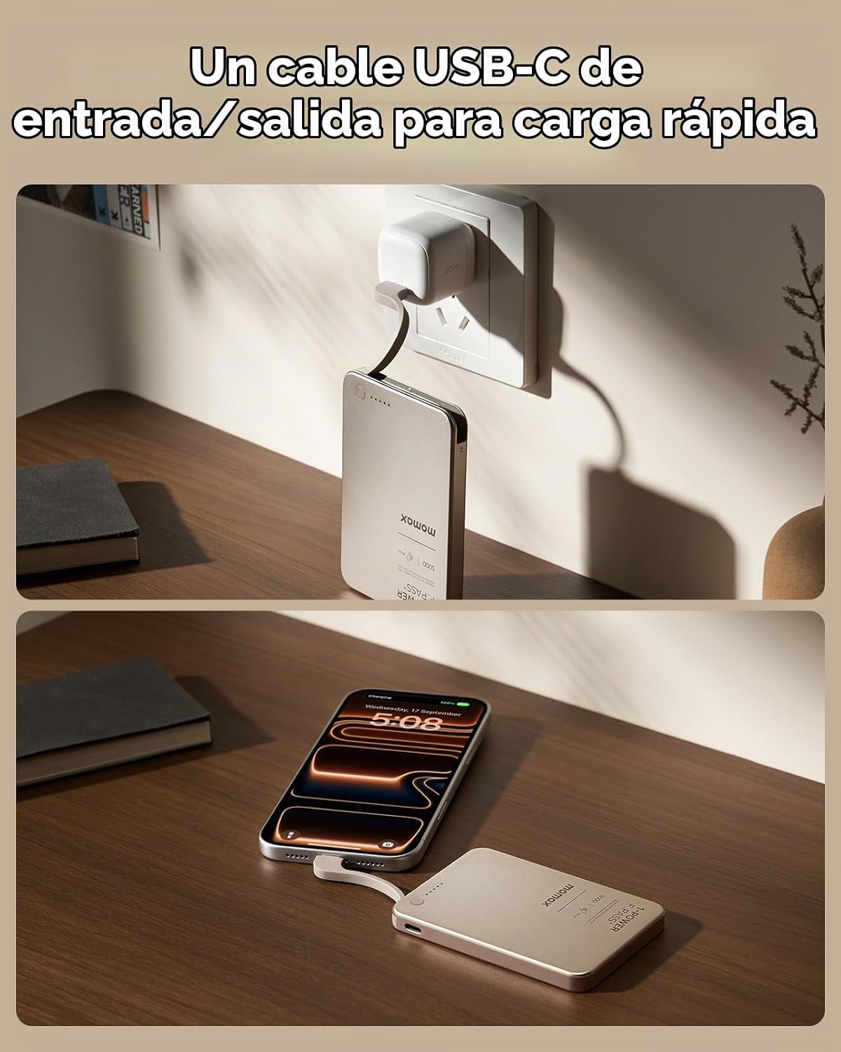 MOMAX Banco de energía portátil ultradelgado de 5000mAh con cable U...