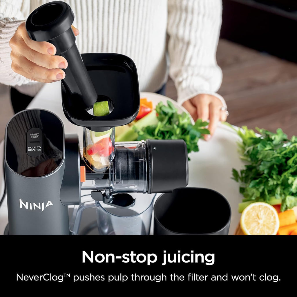 Ninja JC151 NeverClog Exprimidor de prensa en frío sin BPA con control total de pulpa y 2 programas de un solo toque (gris máquina, renovado)