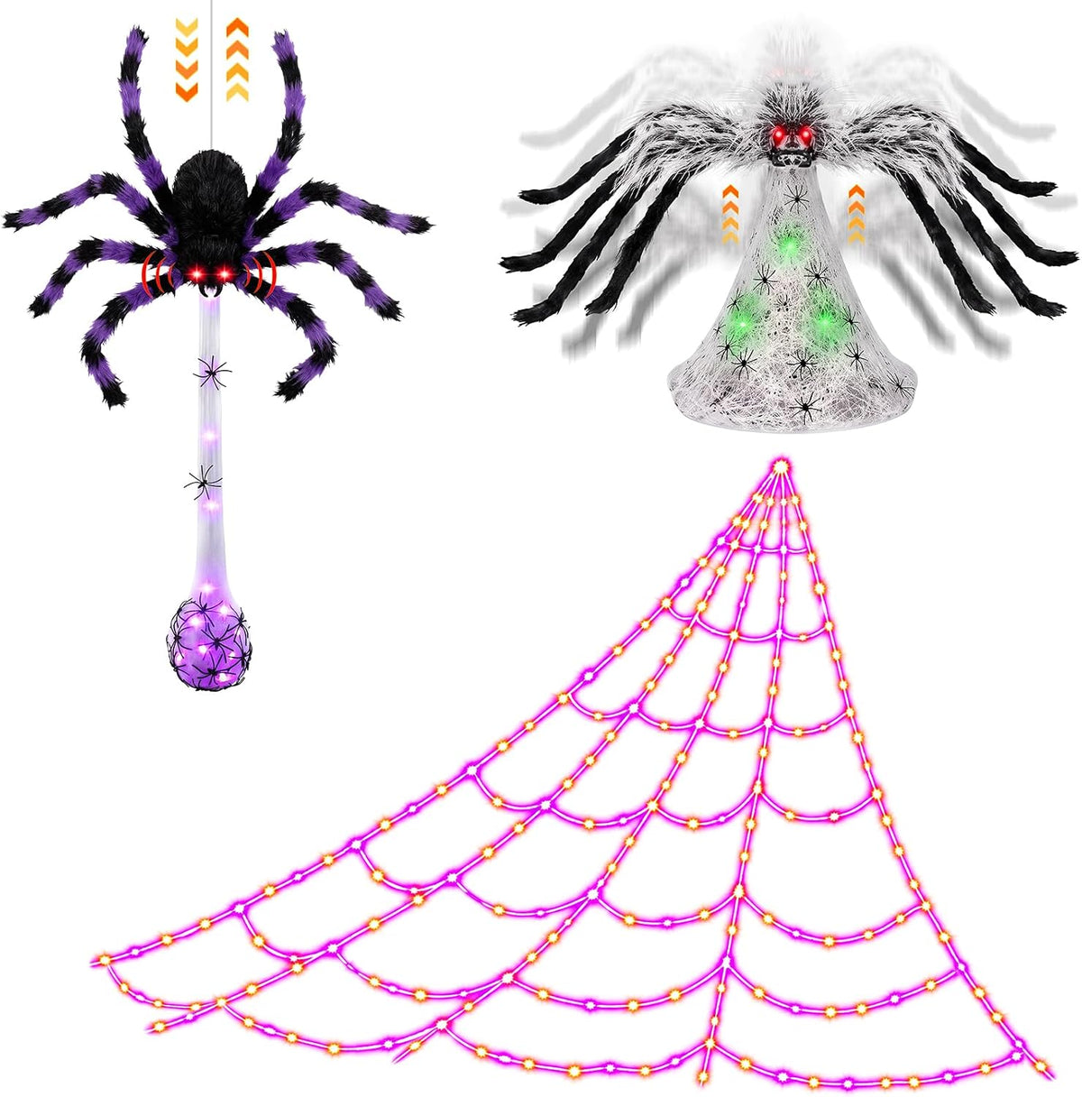Decoración de luces de telaraña de Halloween + 2 arañas saltadoras