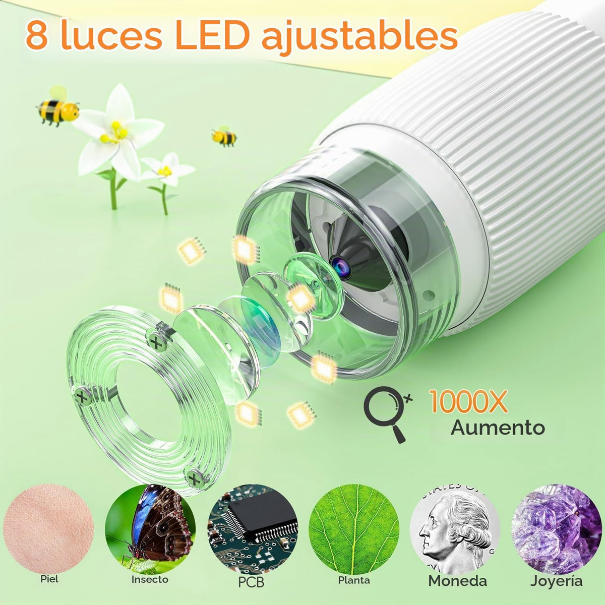 Microscopio para niños, SKYBASIC pantalla IPS de 2" 1000X microscopios digitales de mano microscopios HD de bolsillo mini microscopio USB portátil cámara, compatible con PC, regalos educativos de