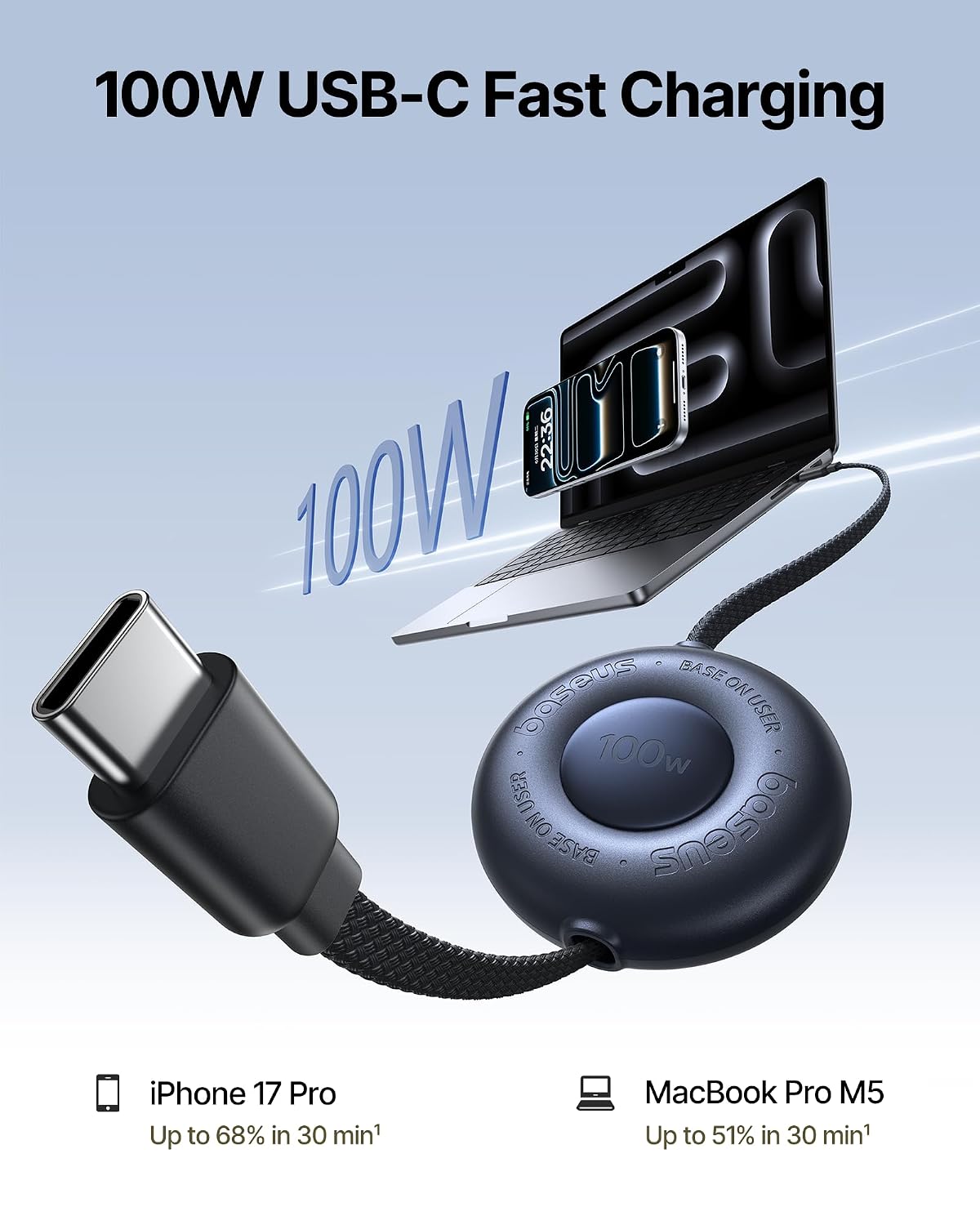Baseus Cable USB C a USB C, cable de carga rápida retráctil USB C 5A de 100 W, cable de carga USB tipo C preestablecido de 4 etapas para iPhone 17/16/15, MacBook, iPad, Samsung S26/S25/S24+ (3.3 pies)