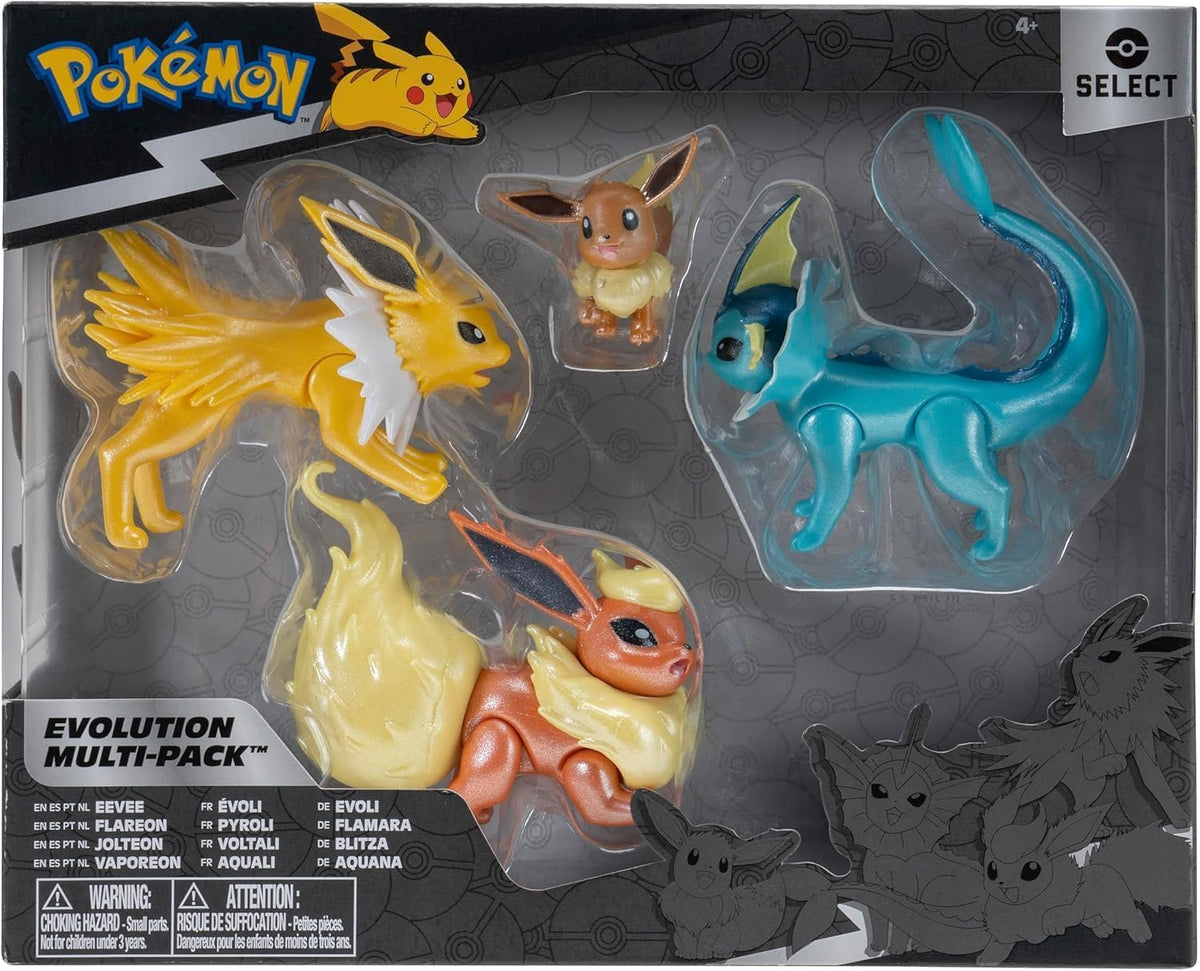 Pokemon Select Paquete de Evolución de Eevee - Incluye figuras de batalla de 5 cm de Eevee más figuras de 7.5 cm de Jolteon, Vaporeon y Flareon