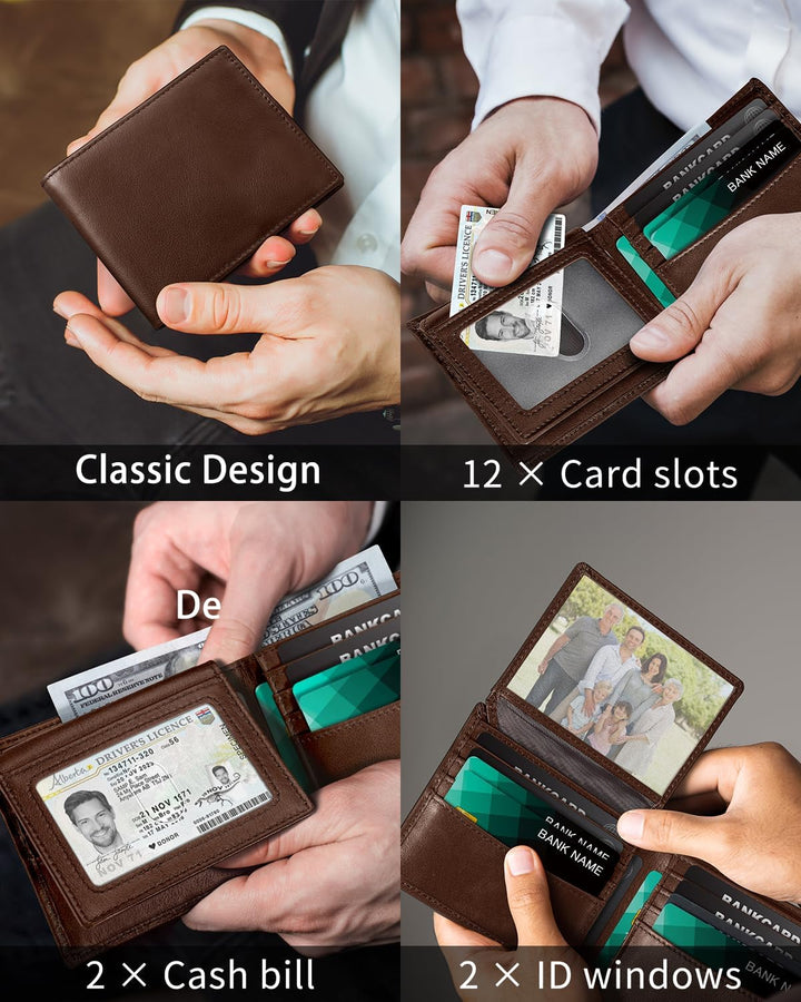 Cartera de piel auténtica para hombre, con bloqueo RFID, con 12 ran...