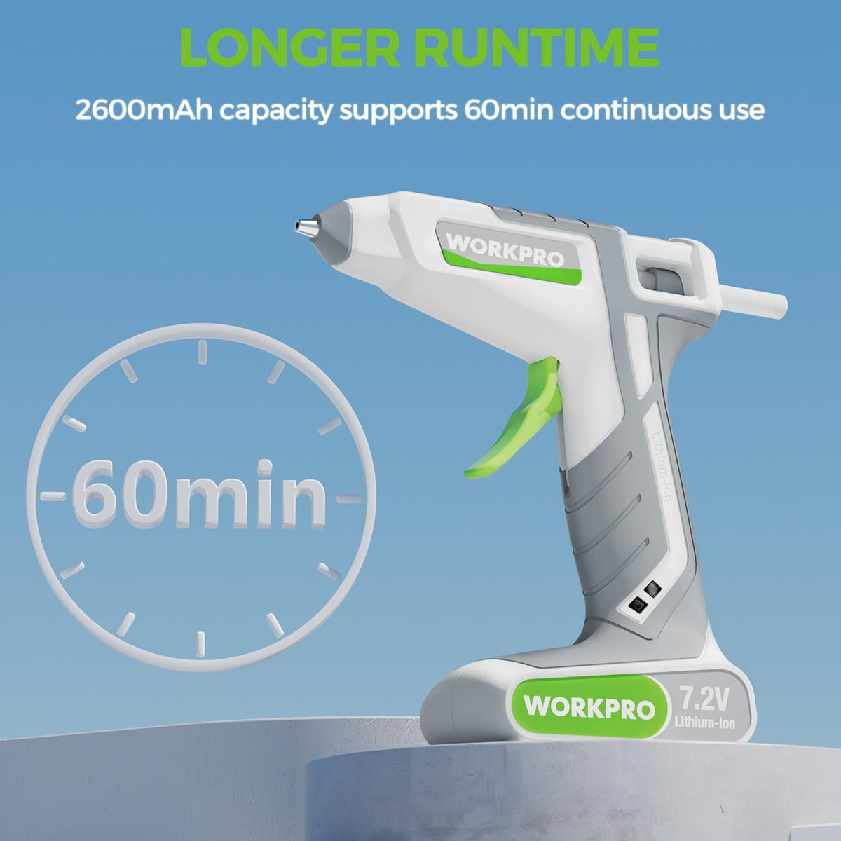WORKPRO Pistola de pegamento termofusible inalámbrica de 7.2 V, kit de pistola de pegamento de precalentamiento rápido recargable con 20 piezas de mini barra de pegamento premium, apagado automático