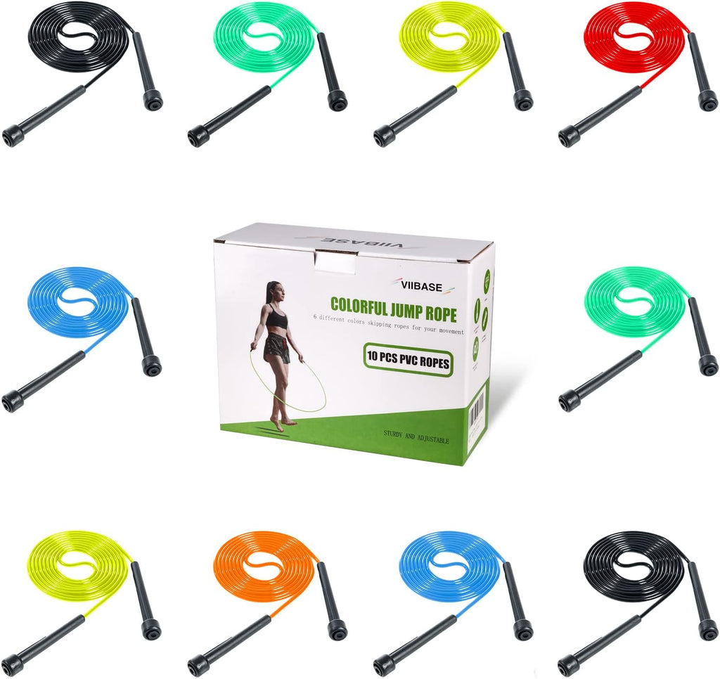 Paquete de 10 cuerdas de saltar de PVC para entrenamiento aeróbico - Cuerda de saltar ajustable versátil para mujeres, hombres y niños, cuerda de saltar de velocidad para ejercicio, 9 pies