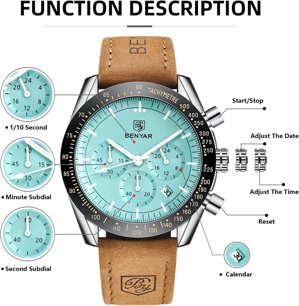 BENYAR Relojes de pulsera para hombre, cronógrafo analógico, de cuarzo, impermeables, para negocios, trabajo, casual, deportivo, con calendario