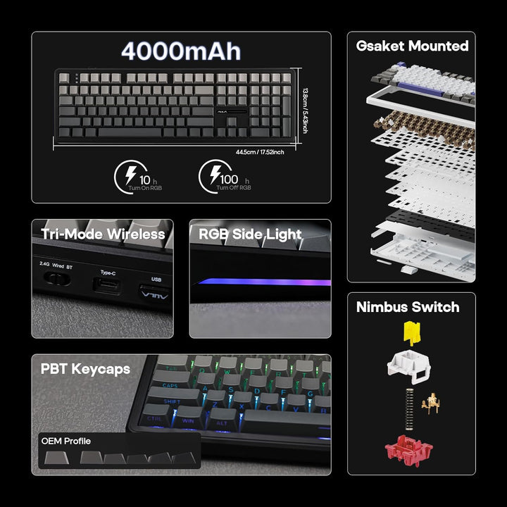 EPOMAKER Aula F108 - Teclado inalámbrico para juegos, teclado mecán...